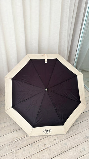 Chanel Black and Cream Logo Umbrella with Case