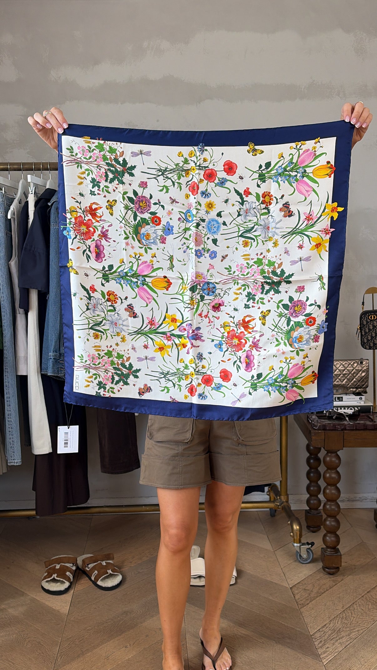 Gucci Navy and Cream Multi Floral Silk Scarf 75