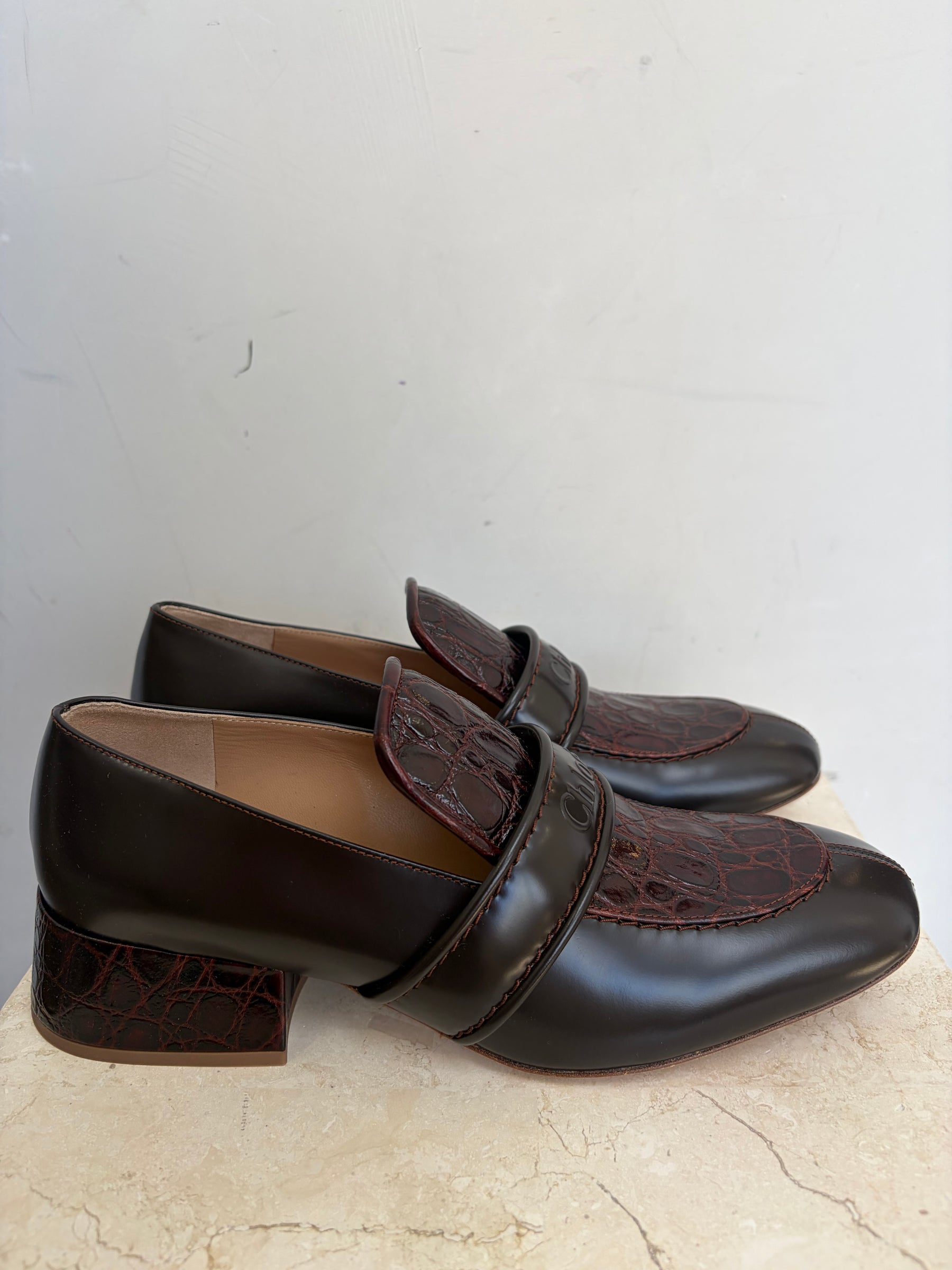 Chloé Brown Cross Embossed Leather Heeled Loafer, 39