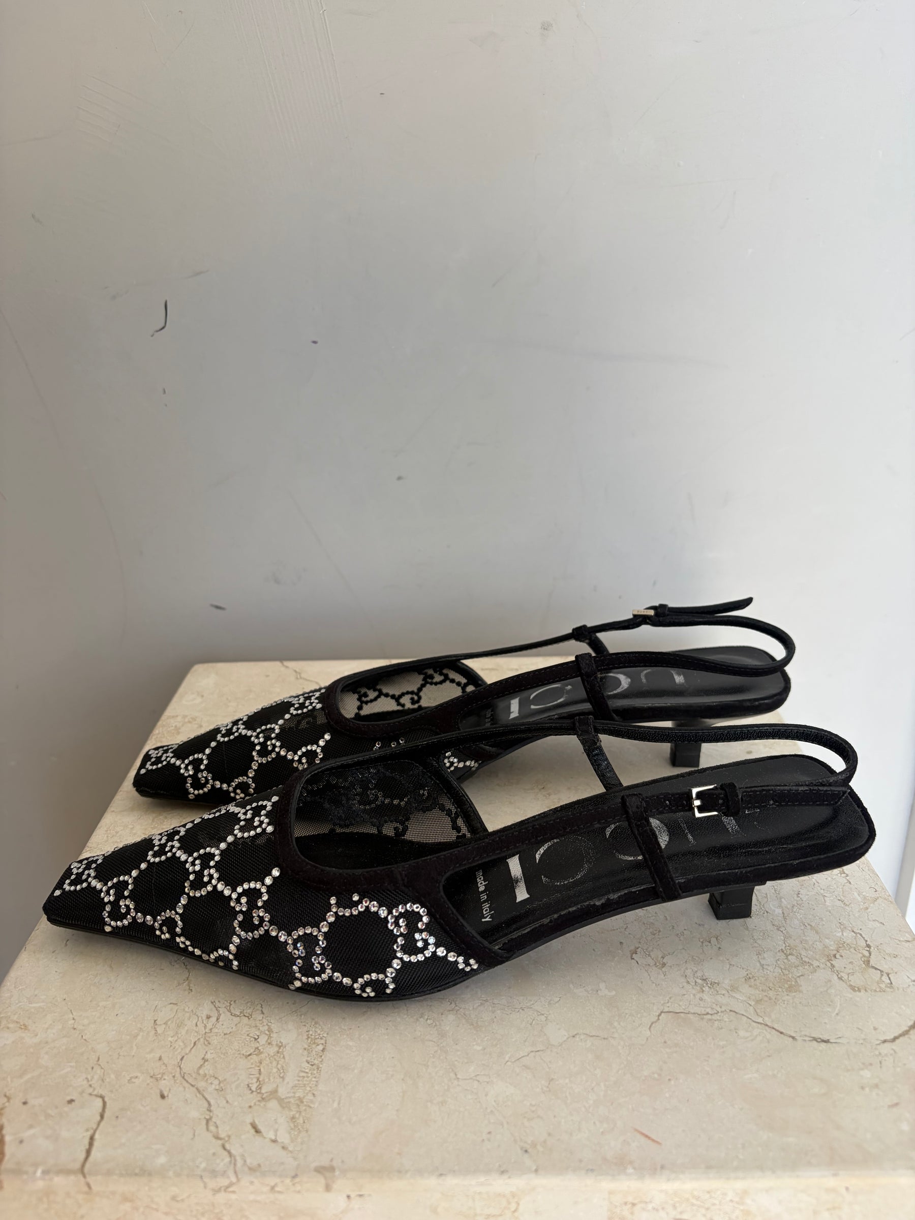 Gucci Black Crystal Monogram Mesh Slingback, 38.5