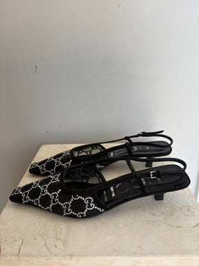 Gucci Black Crystal Monogram Mesh Slingback, 38.5