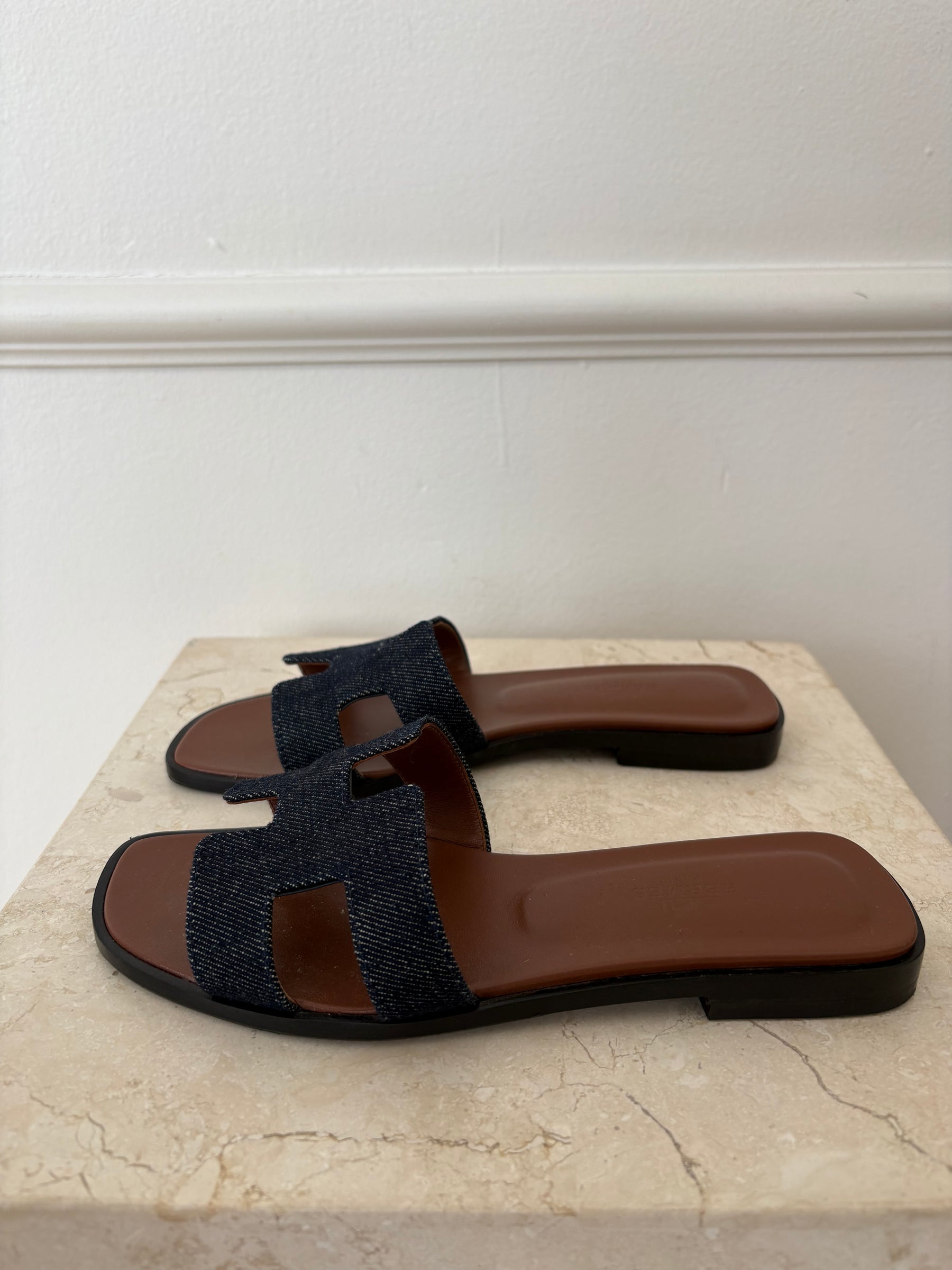 Hermès Indigo Denim Oran Slides, 36