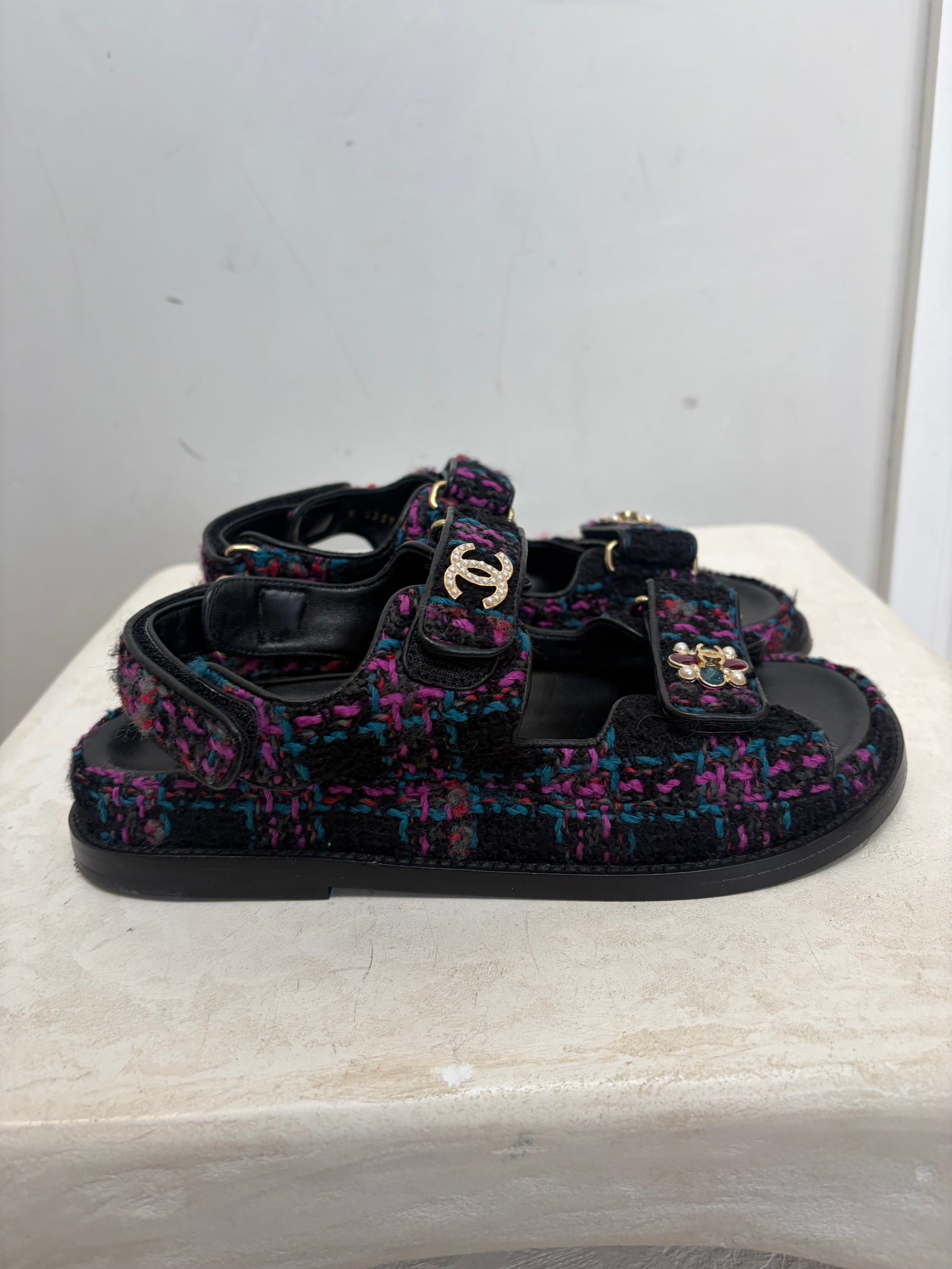 Chanel Black Purple and Green Tweed Dad Sandal, 36 C