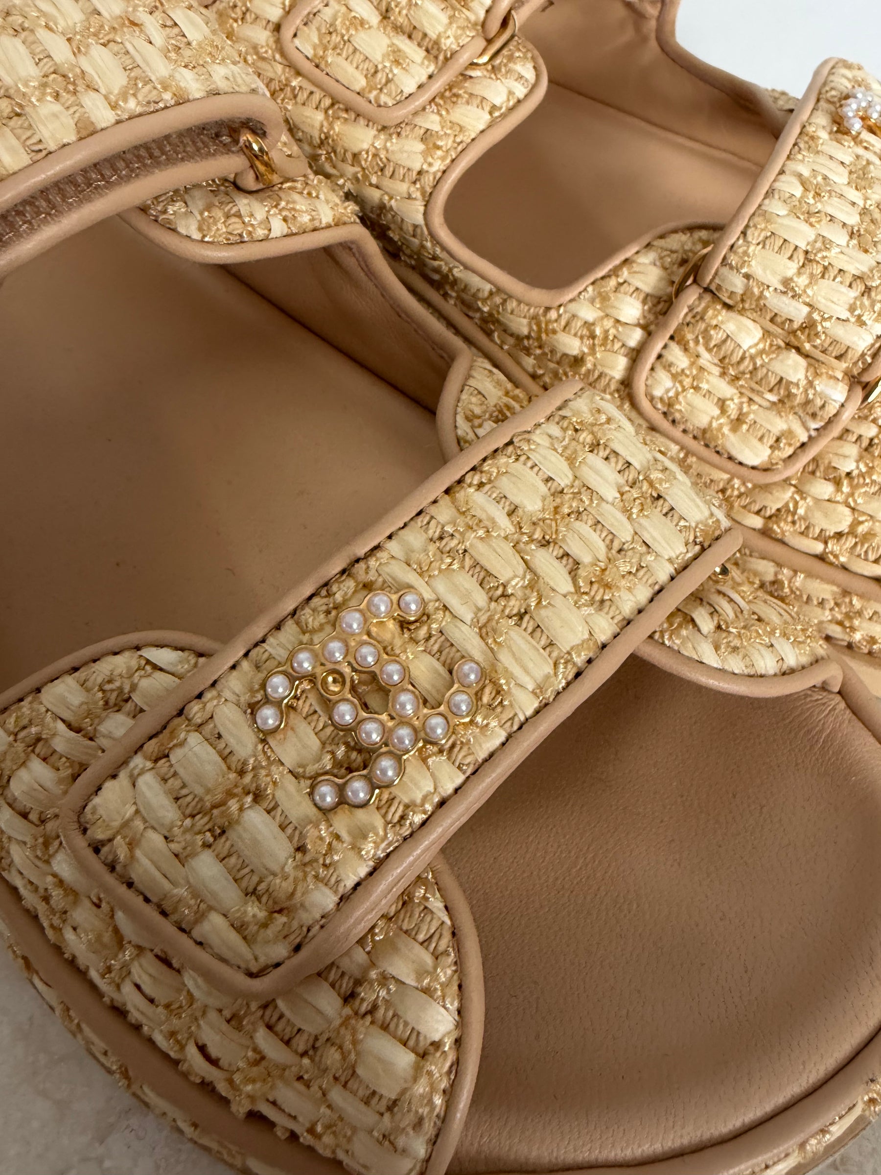 Chanel Raffia Dad Sandals with Pearl Logo, 40 C
