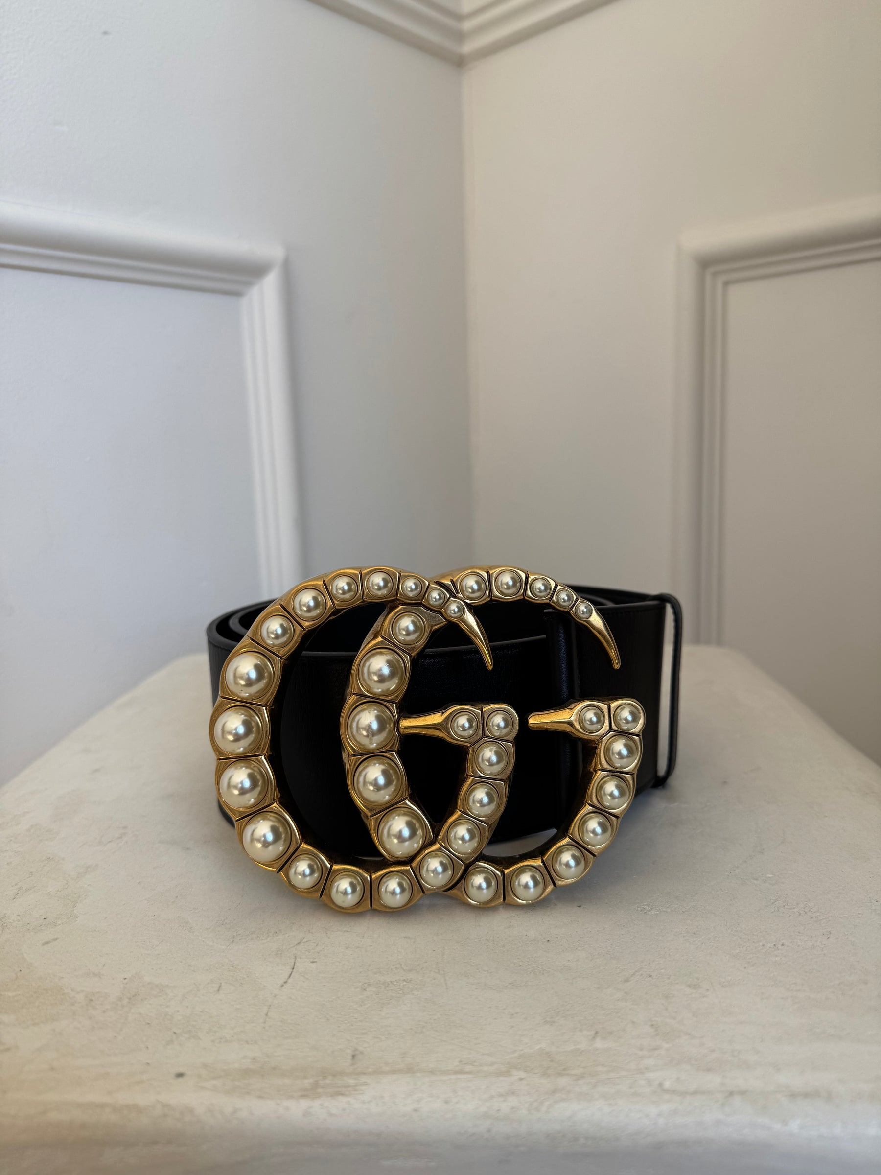 Gucci Black Leather Pearl Embellished XL Marmont Belt, 75
