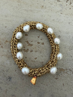 Lucy Folk Gold Crochet and Pearl Bracelet
