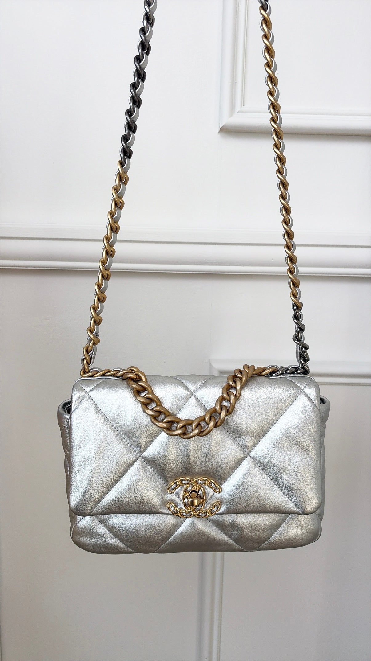 Chanel 19 Silver Lambskin Bag