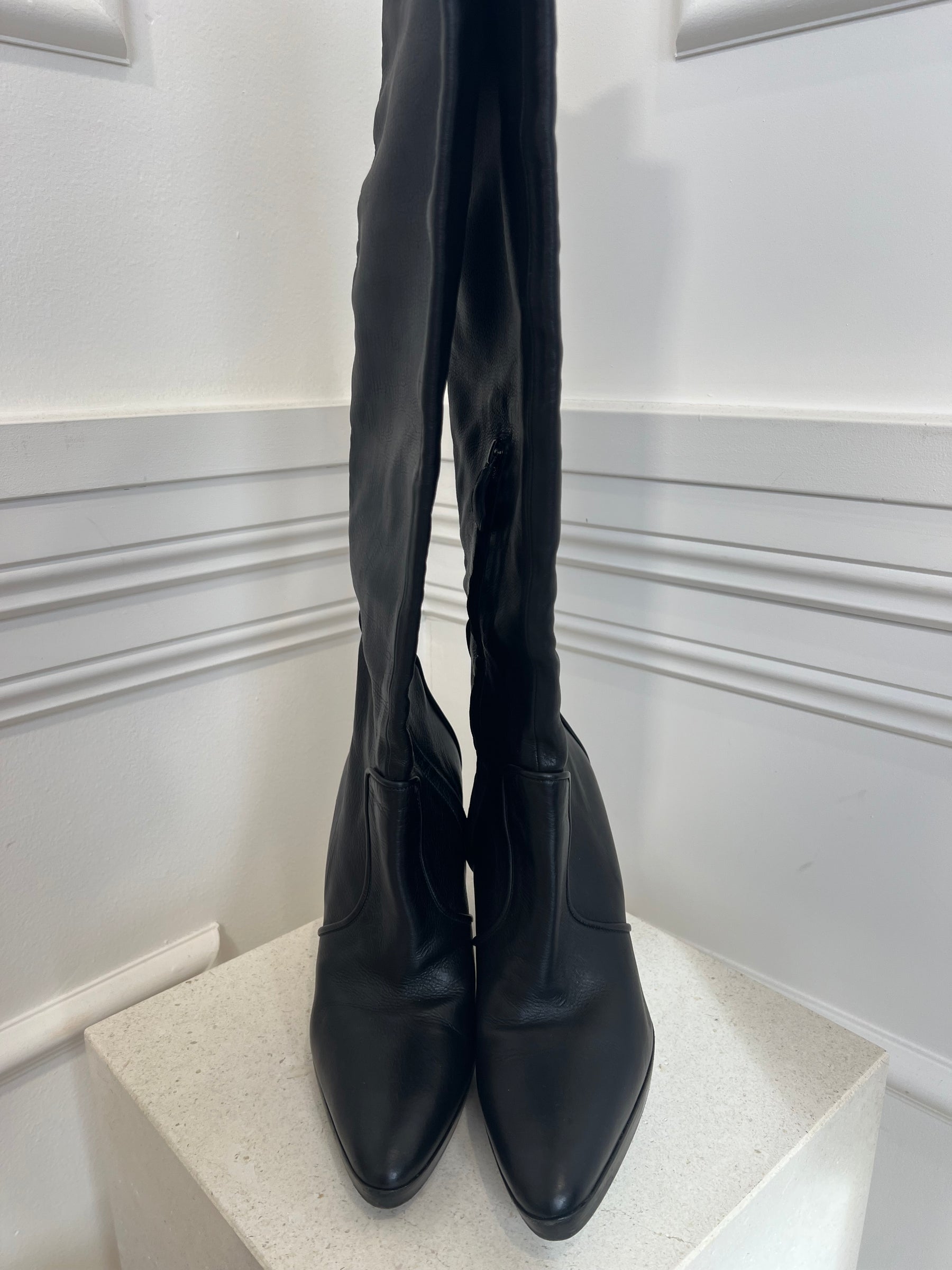 Hermès Black Leather Platform Knee High Boots, 40