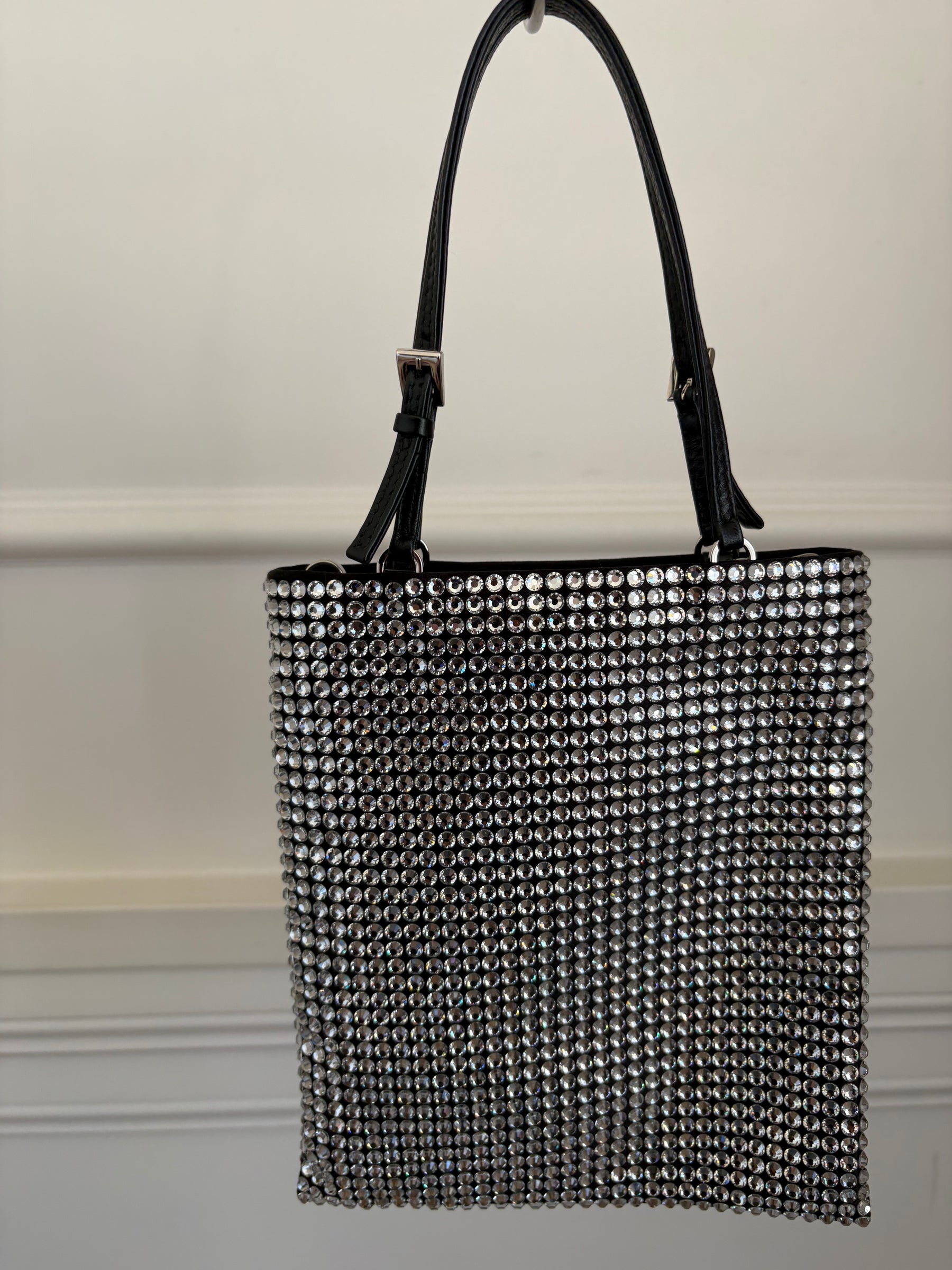 Prada Satin Crystal Embellished Flat Tote with Shoulder Chain