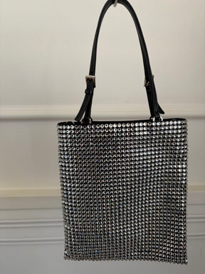 Prada Satin Crystal Embellished Flat Tote with Shoulder Chain
