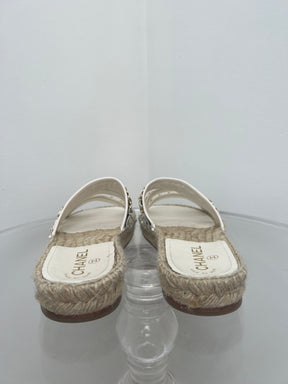 Chanel White And Black Chain Detail Espadrille Slides, 39C
