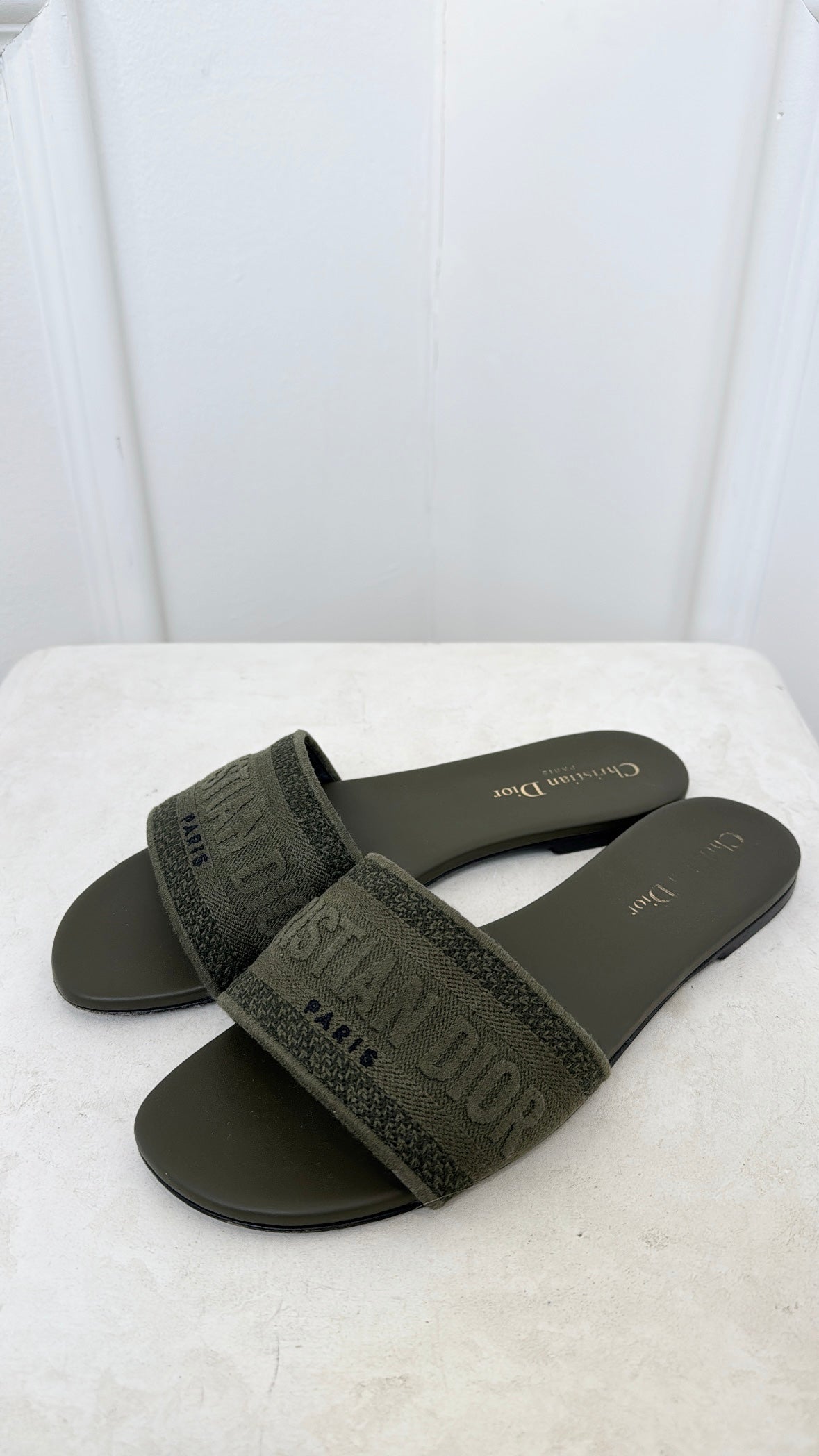 Christian Dior Khaki Embroidered D Way Slides, 39