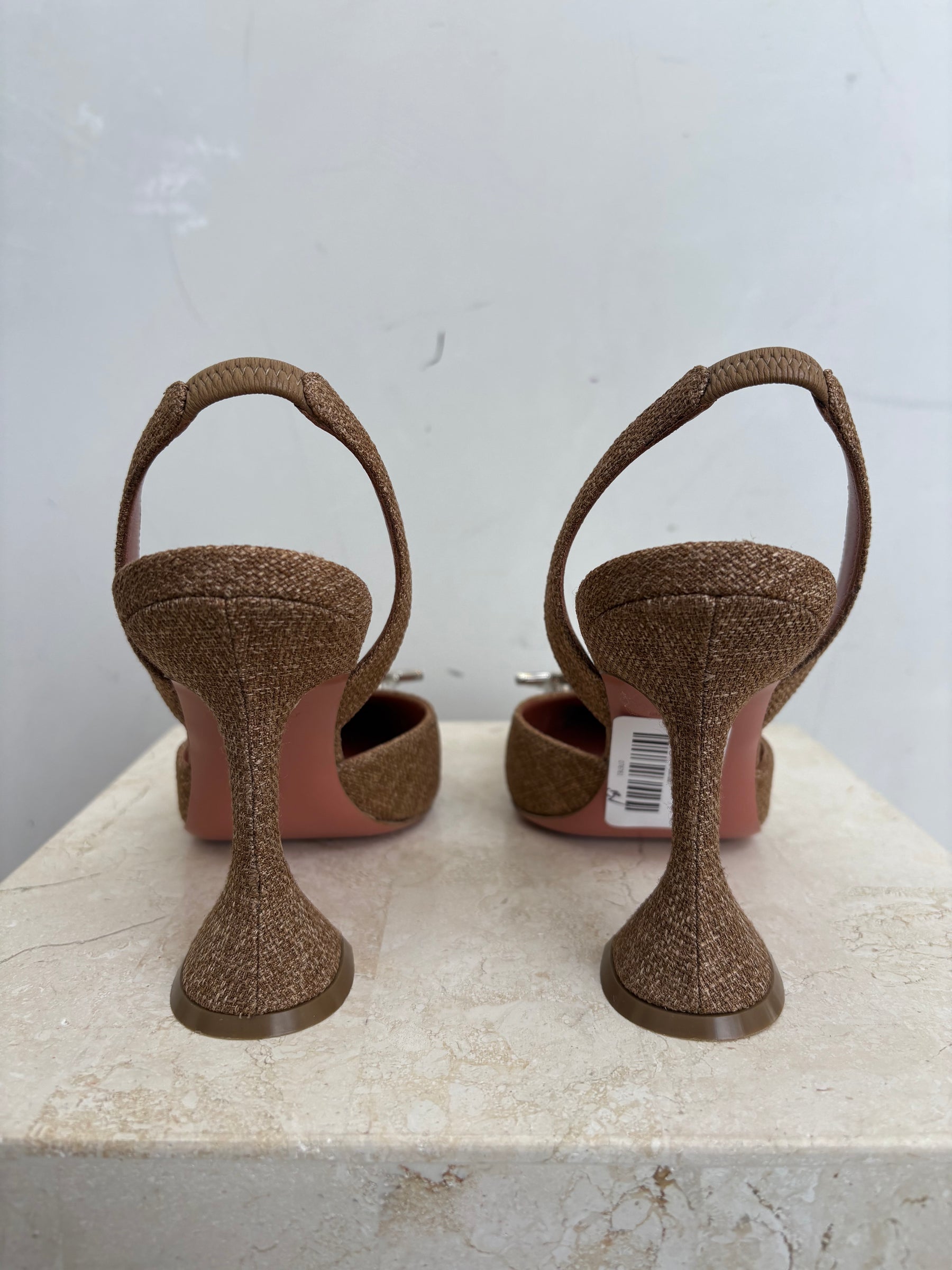 Amina Muaddi Brown Canvas Crystal Begum Slingback Pump, 39