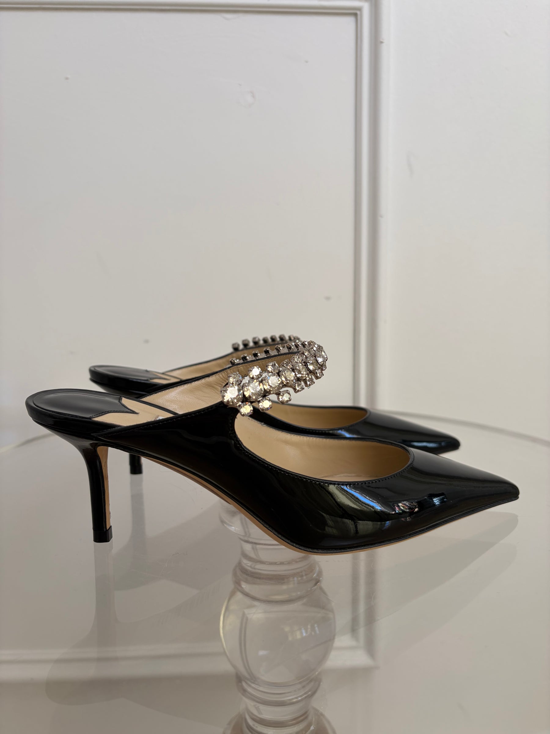 Jimmy Choo Black Patent Leather and Crystal Bing Mules, 36