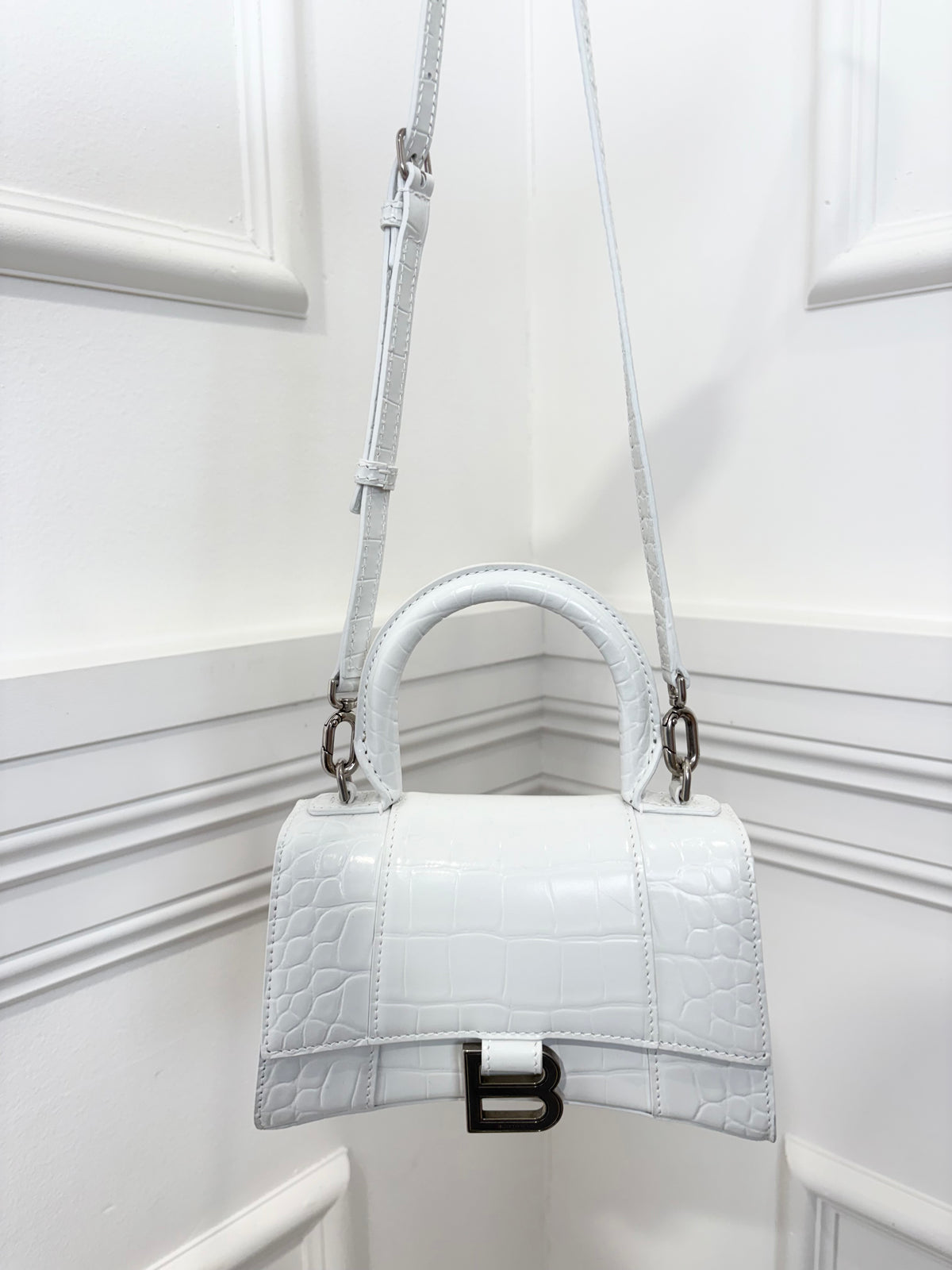 Balenciaga White Croc Embossed Hourglass Bag, XS