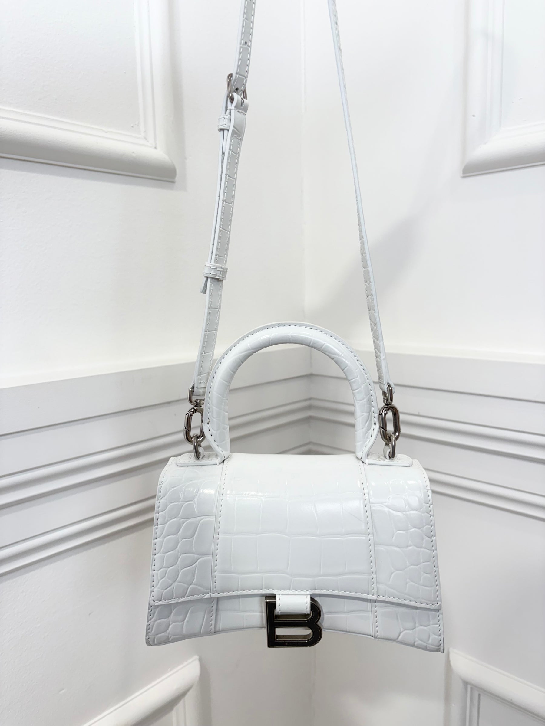 Balenciaga White Croc Embossed Hourglass Bag, XS