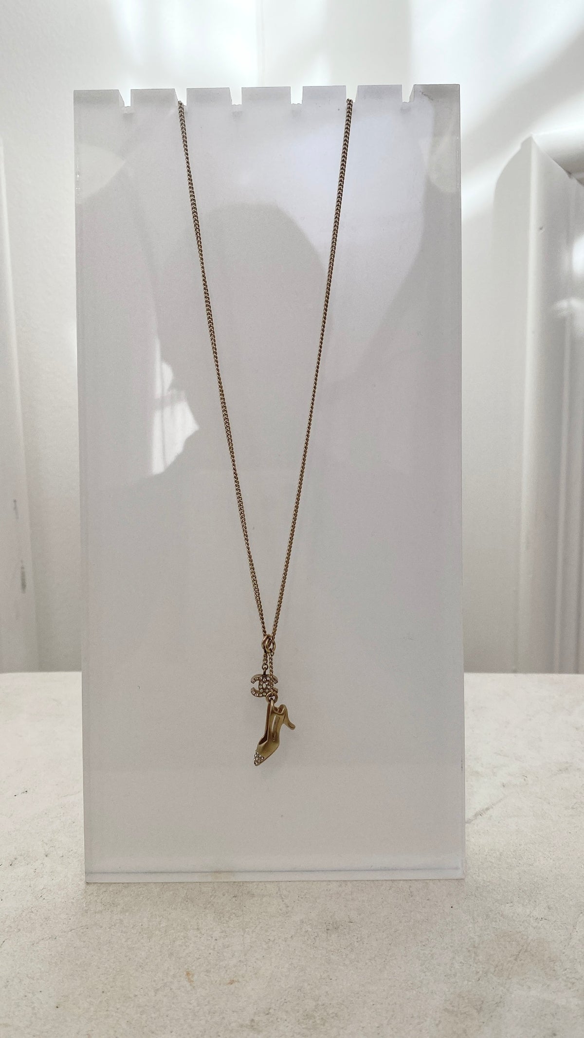 Chanel Gold Tone Crystal CC Shoe Pendant Necklace