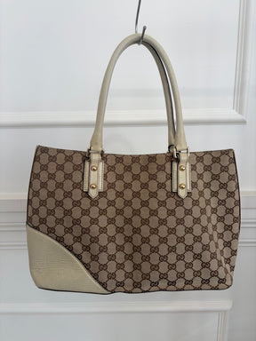 Gucci Canvas Monogram and Cream Leather Horsebit Hasler Tote
