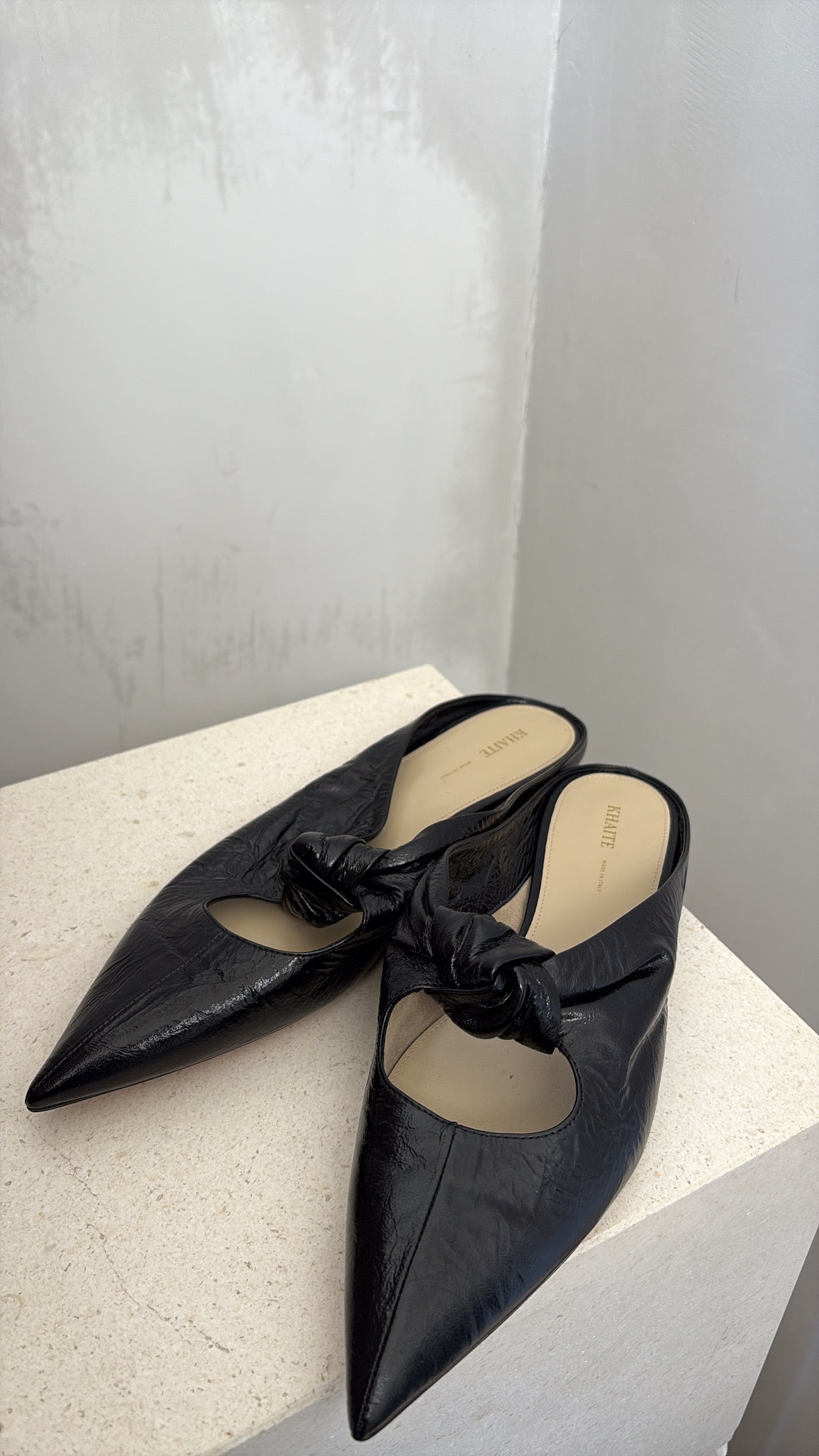 Khaite Black Shiny Crinkled Leather Pointed Flat, 40
