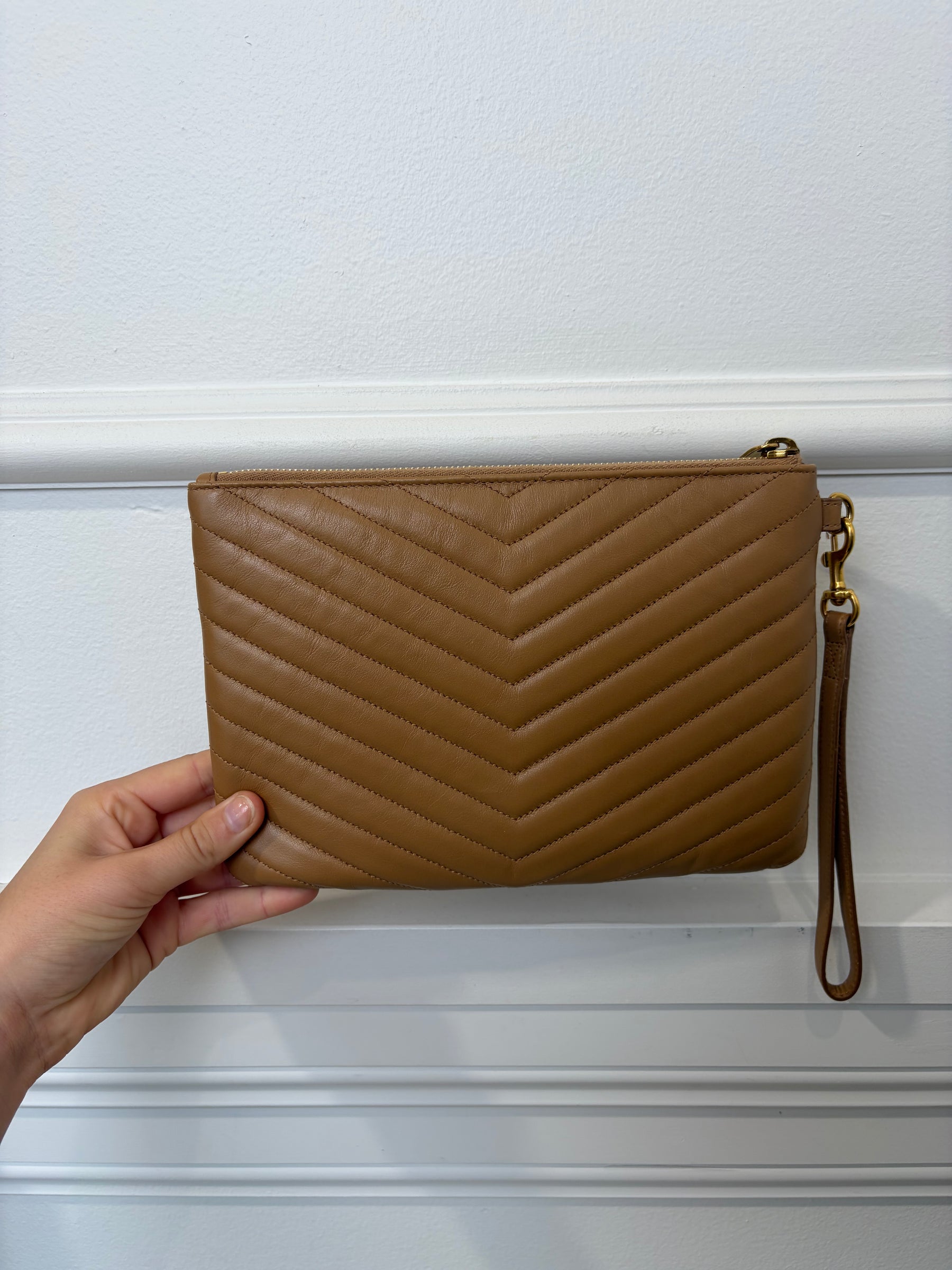Saint Laurent Tan Chevron Leather Wristlet