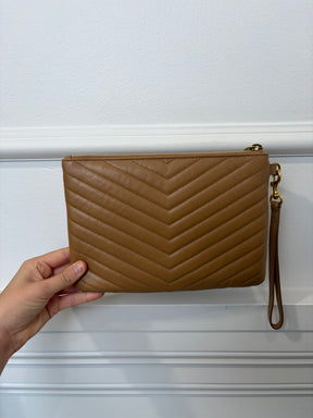 Saint Laurent Tan Chevron Leather Wristlet