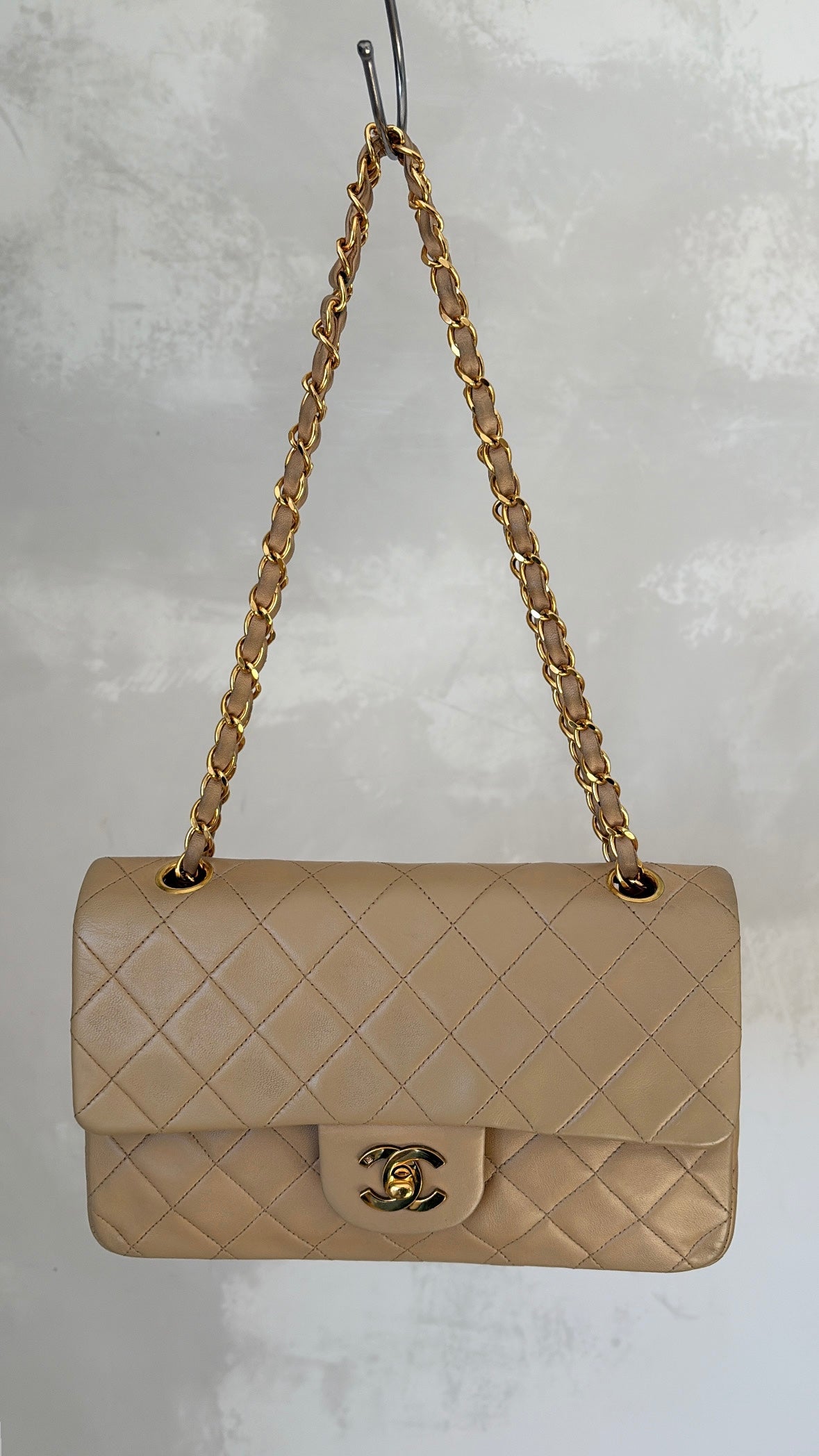 Chanel Small Classic Flap in Beige Lambskin Leather