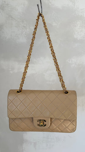 Chanel Small Classic Flap in Beige Lambskin Leather