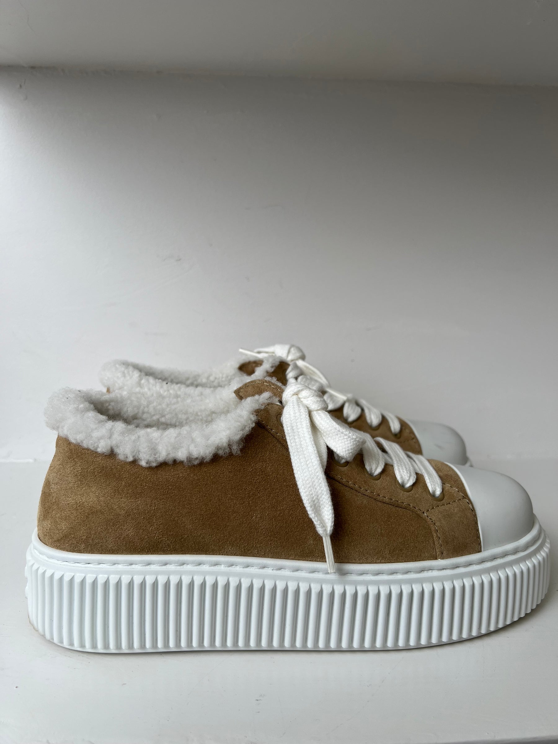 Miu Miu Tan Suede Shearling Lined Sneaker, 37.5