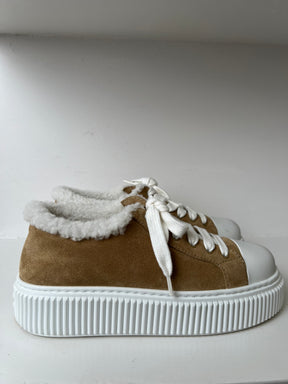 Miu Miu Tan Suede Shearling Lined Sneaker, 37.5