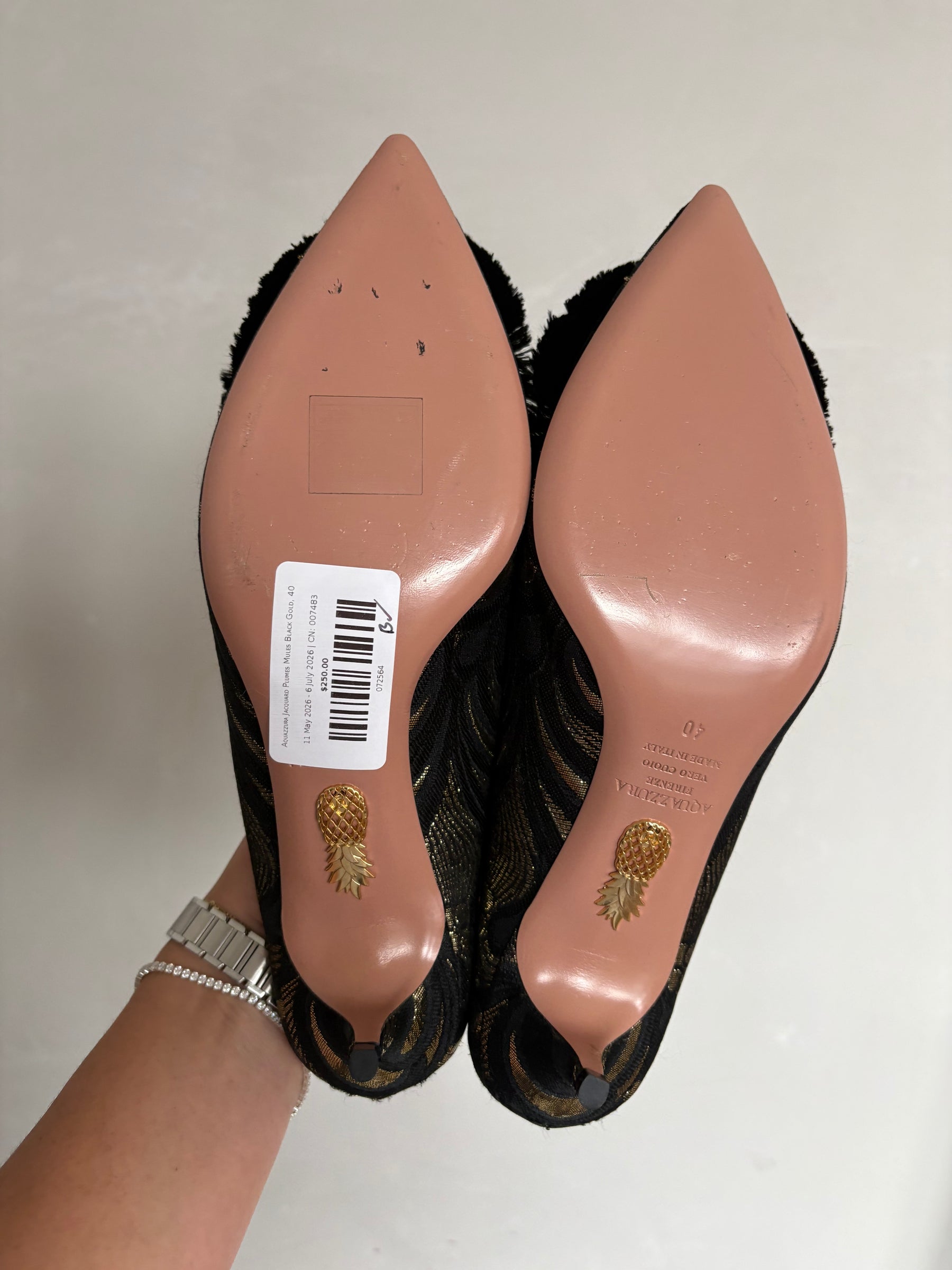 Aquazzura Jacquard Plumes Mules Black Gold, 40