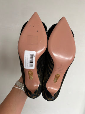 Aquazzura Jacquard Plumes Mules Black Gold, 40