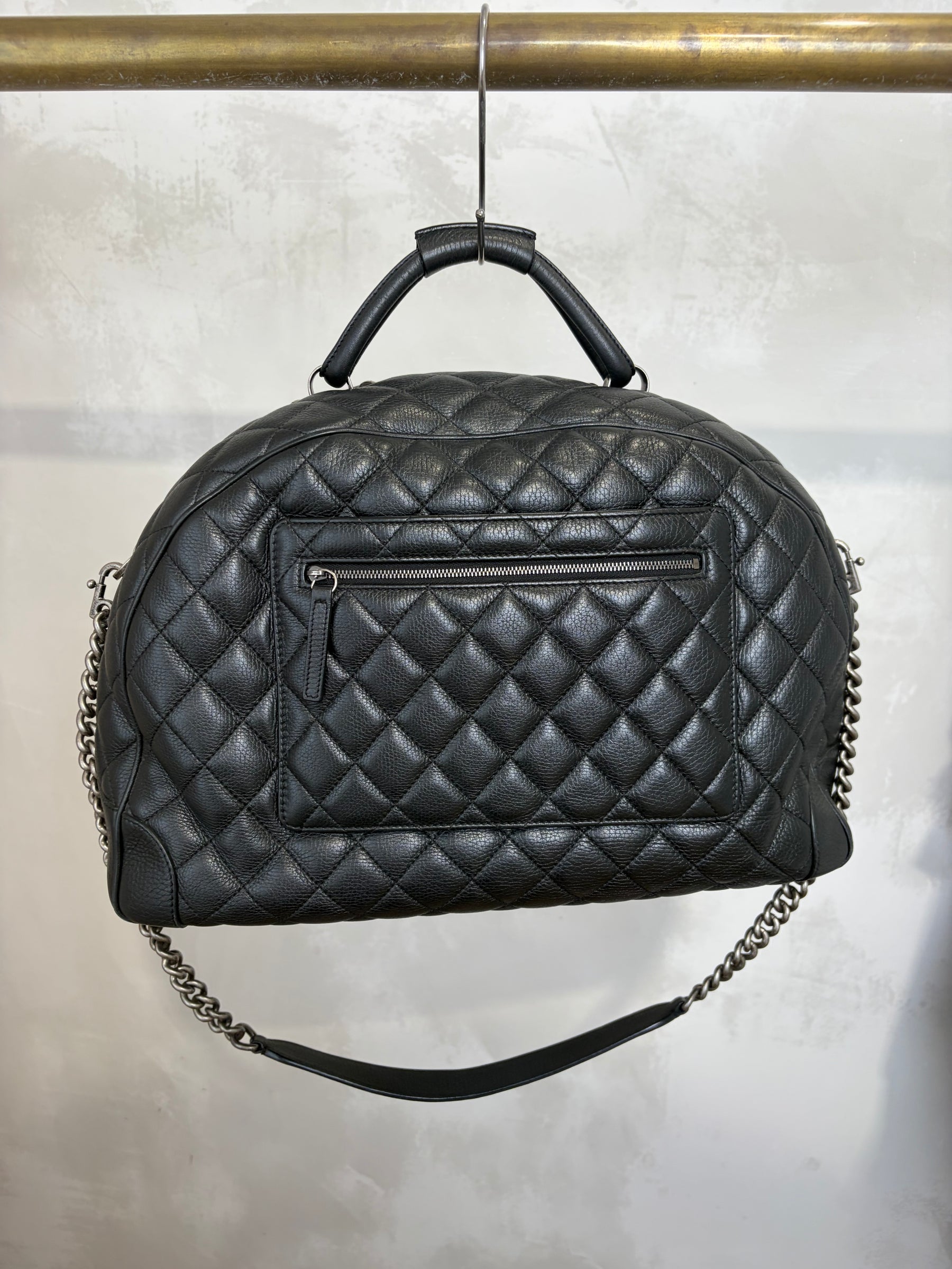 Chanel Black Grained Leather Airlines Round Trip Bowling Bag