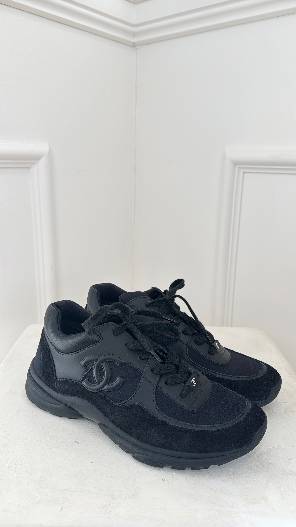 Chanel Black Leather and Suede CC Sneakers, 39.5