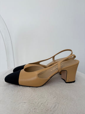 Chanel Beige and Black Heeled Slingback, 36