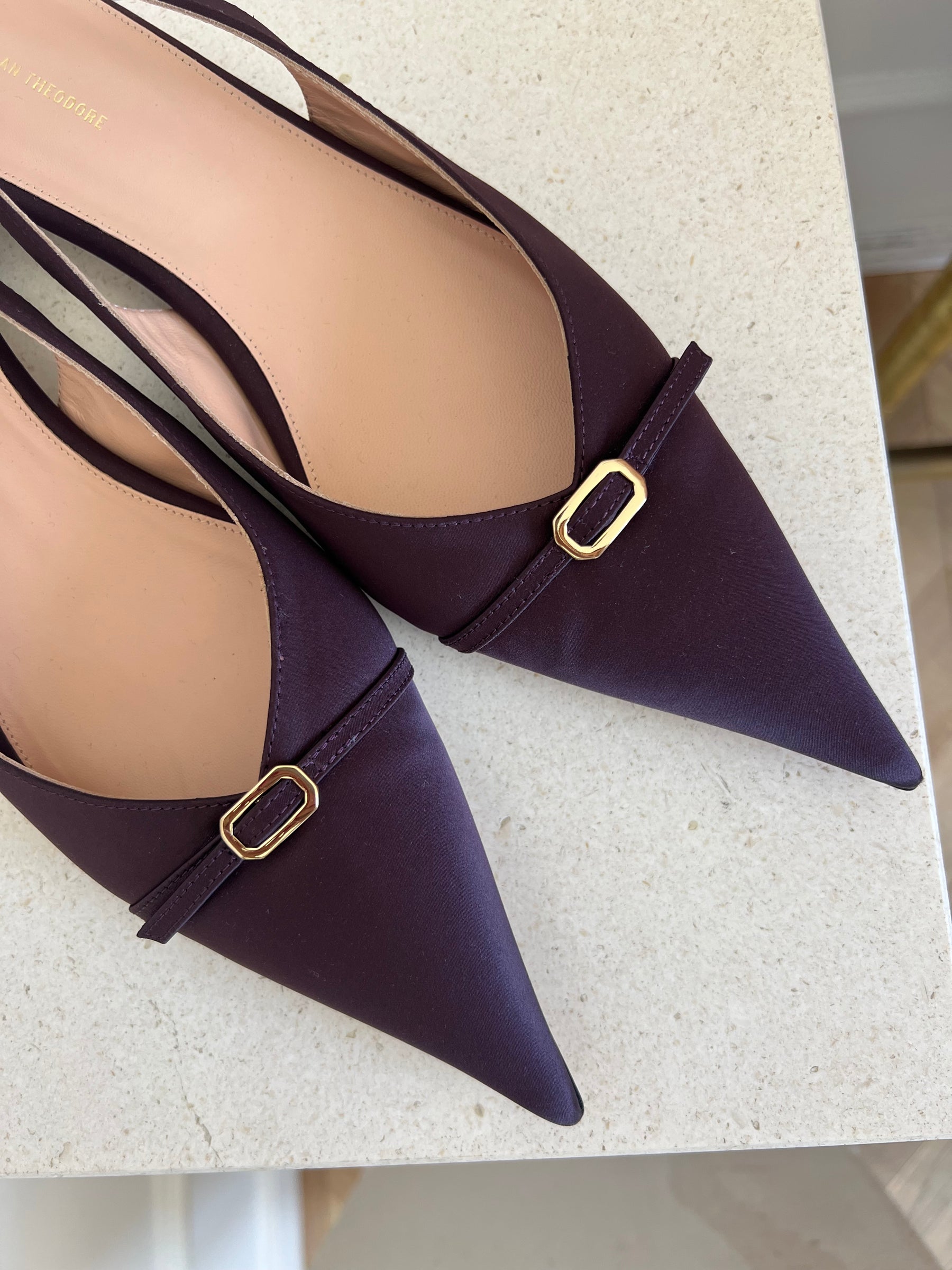 Scanlan Theodore Aubergine Satin Pointed Slingbacks, 41