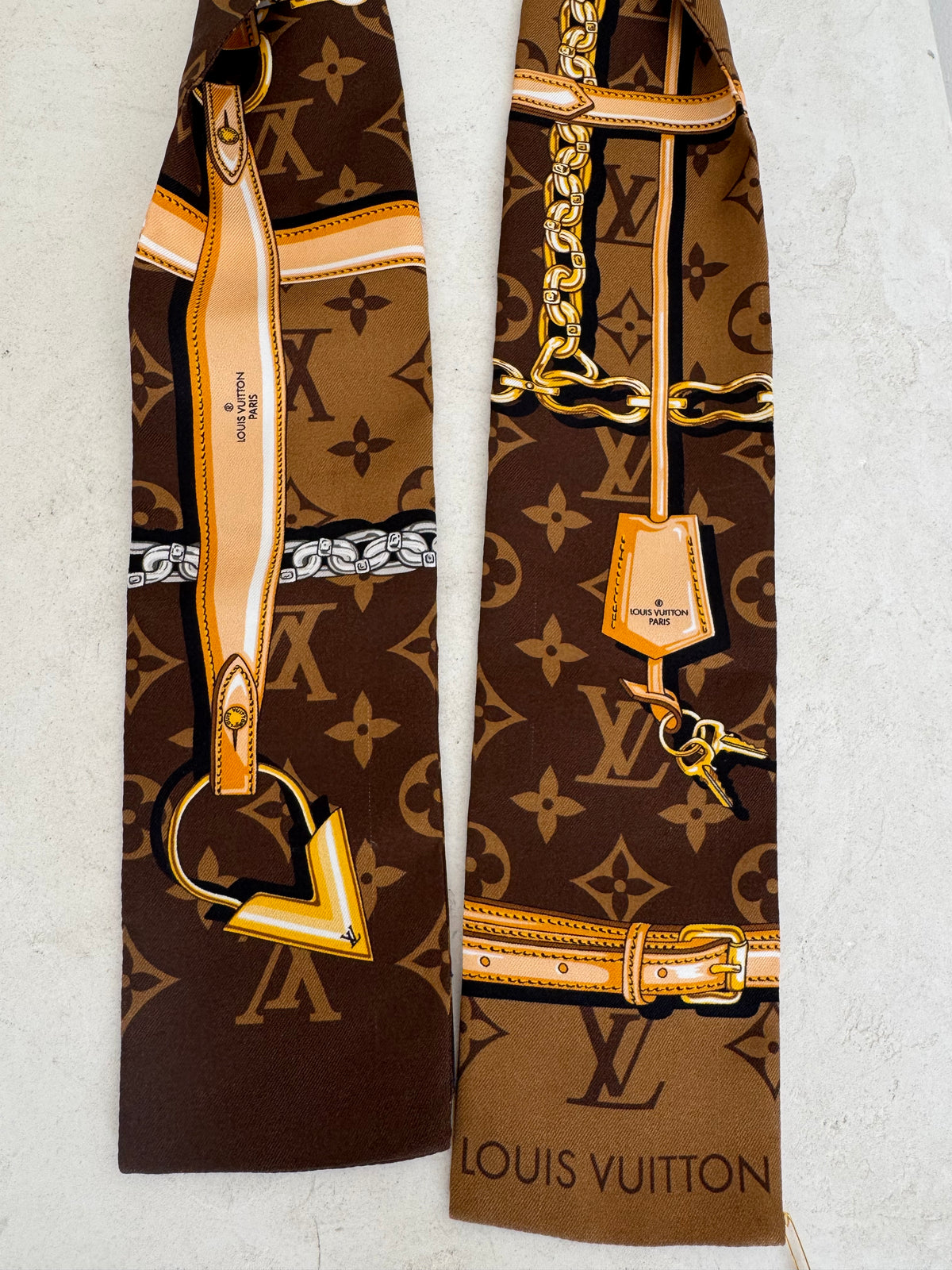 Louis Vuitton Brown Monogram Chain Print Silk Bandouliere Scarf