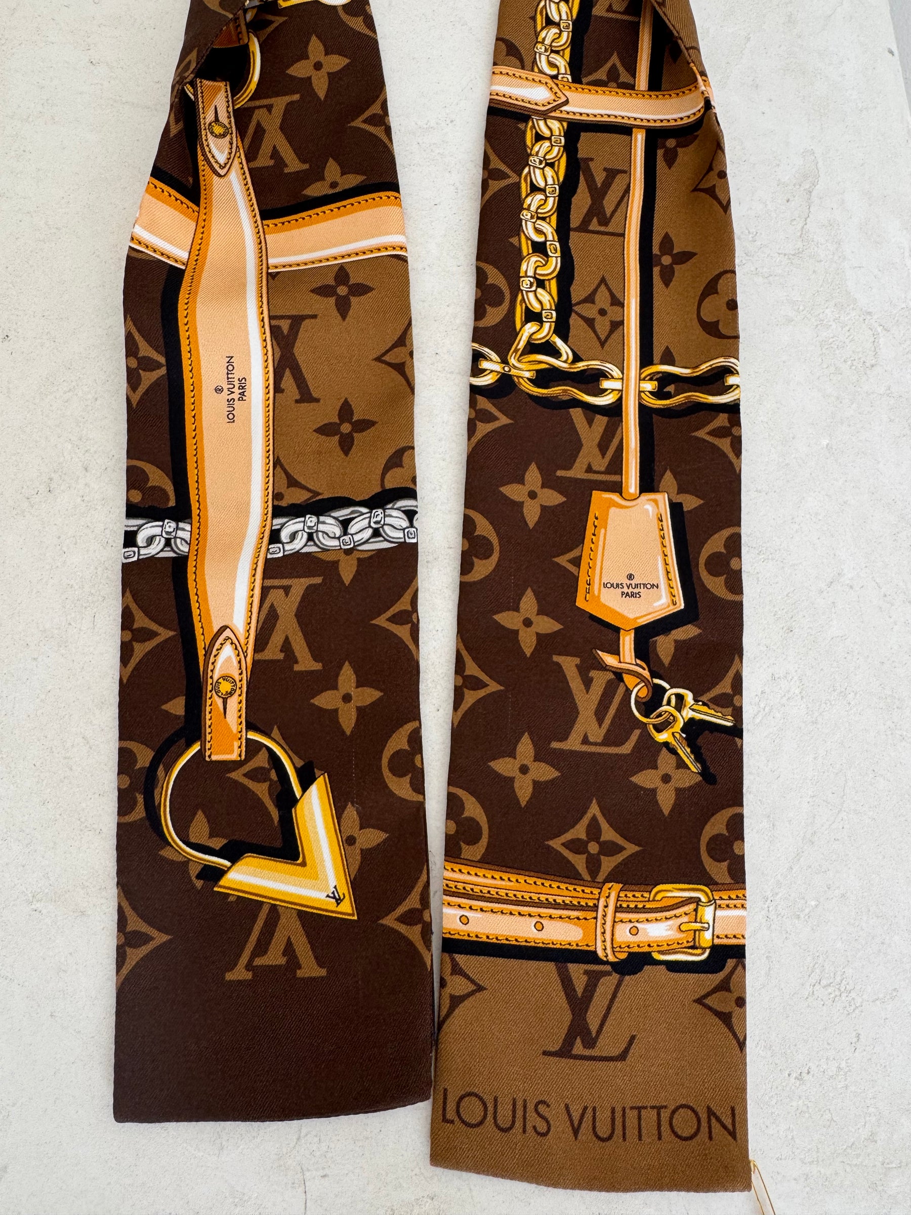 Louis Vuitton Brown Monogram Chain Print Silk Bandouliere Scarf