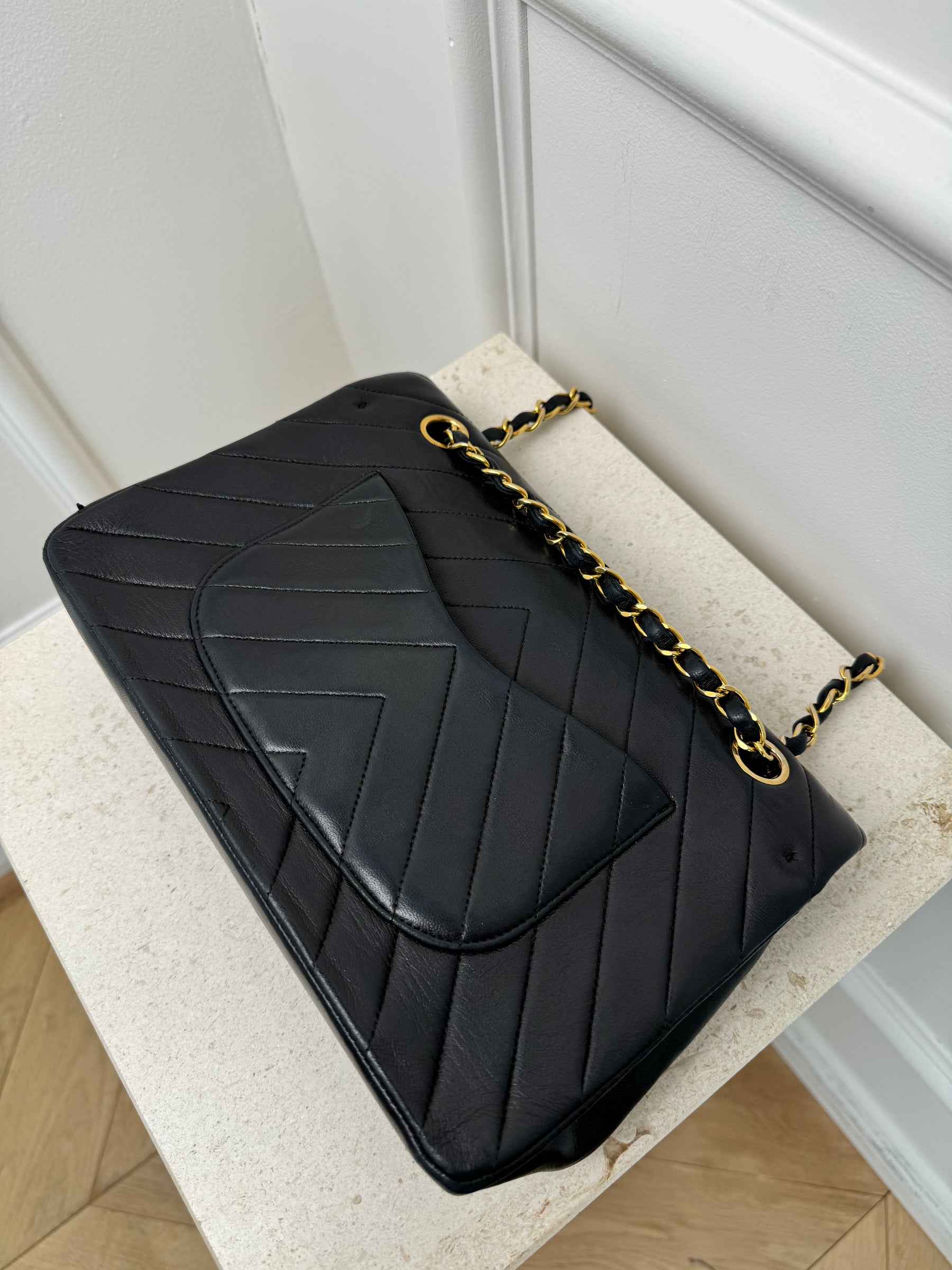 Chanel Black Chevron Leather Small Classic Flap