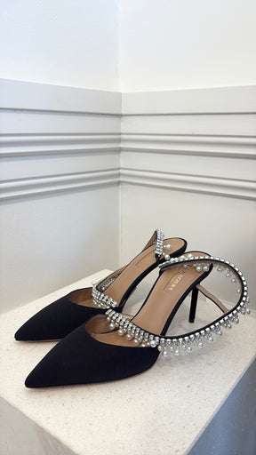 Aquazzura Black Grosgrain Pointed Pearl and Crystal Slingback Pumps, 38