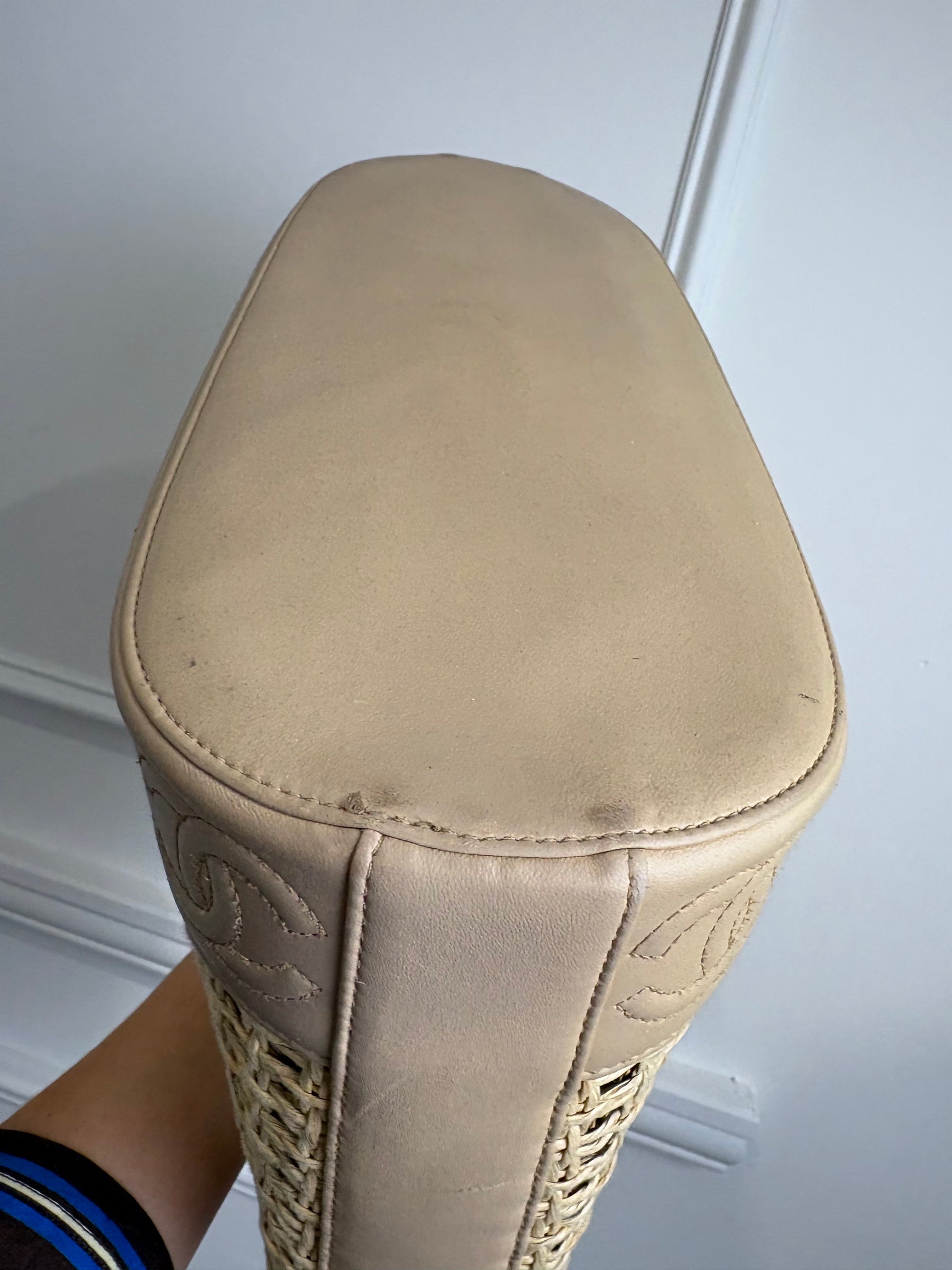 Chanel Beige Leather Raffia Logo Tote Bag