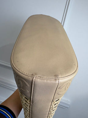 Chanel Beige Leather Raffia Logo Tote Bag