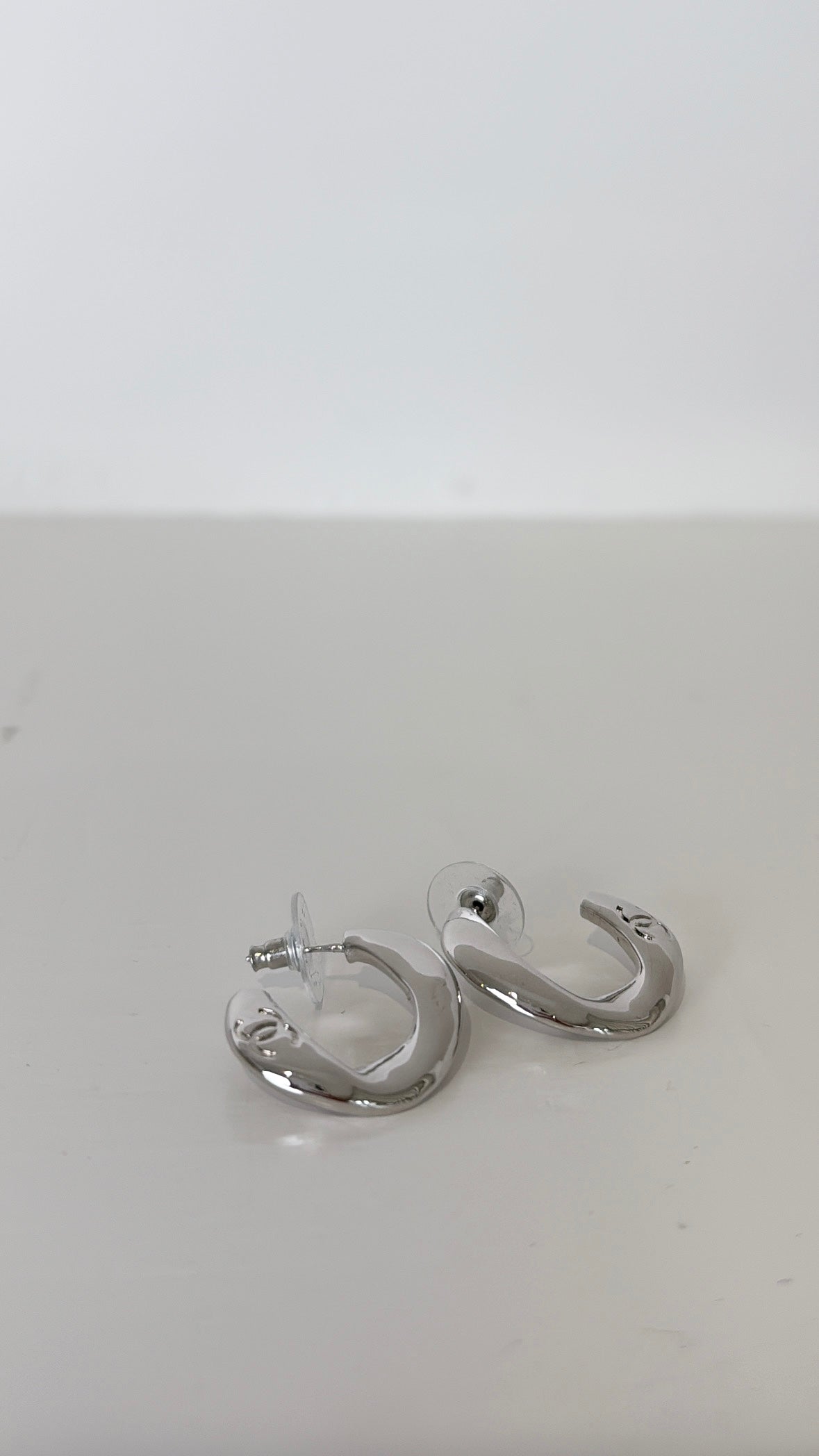 Chanel Silver Link Logo Hoop Earrings