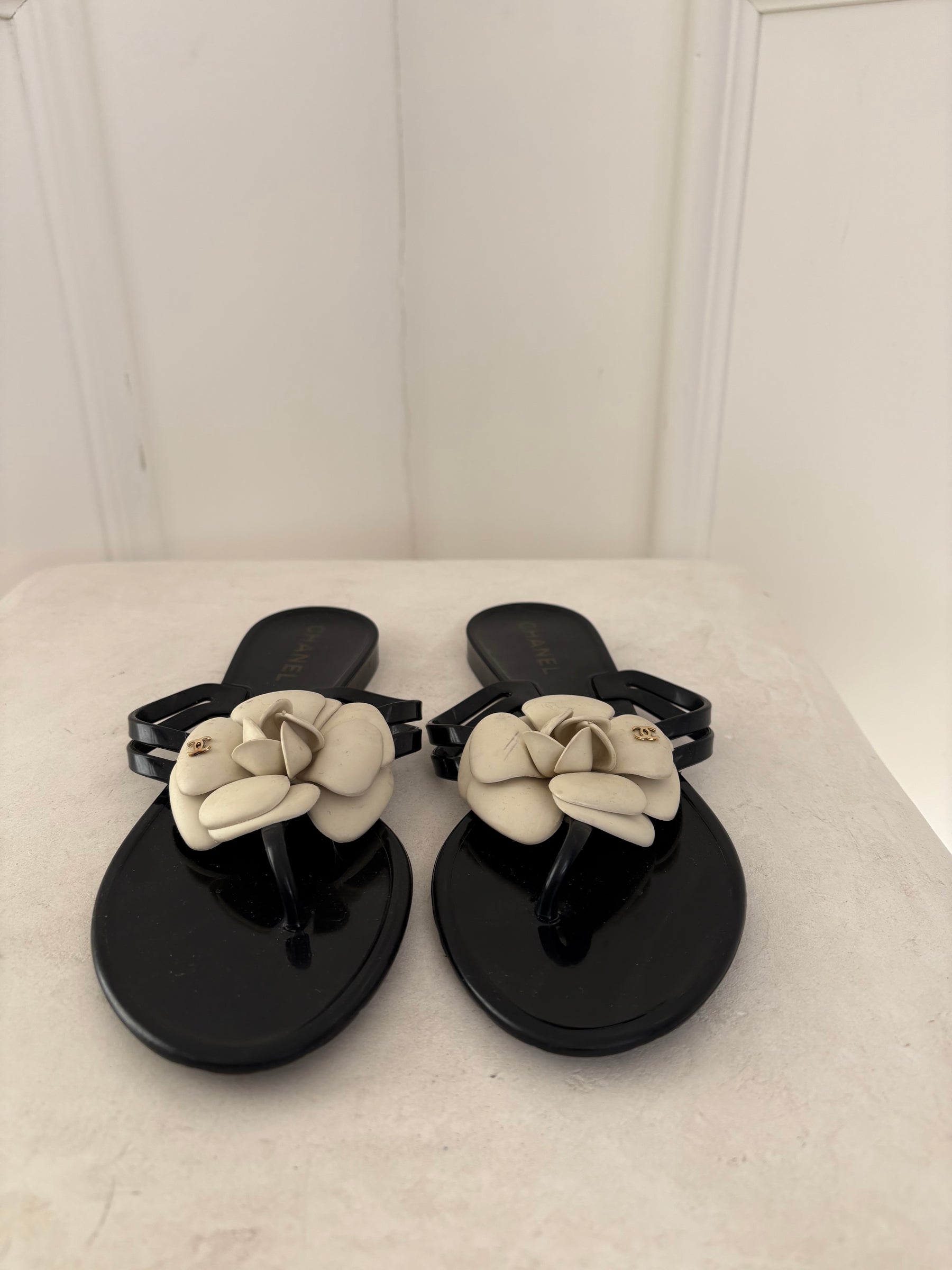Chanel Black Rubber White Camellia Thongs, 37