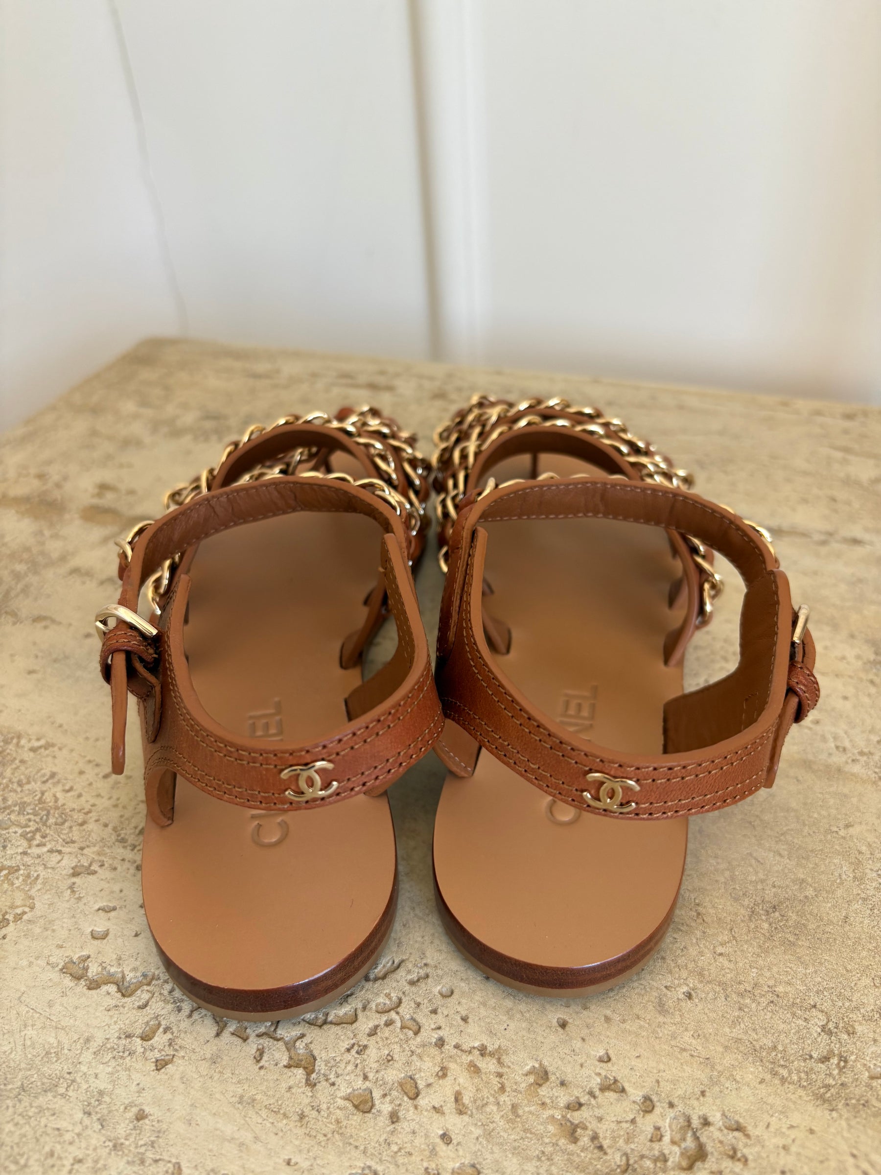 Chanel Tan leather and Gold Chain Sandals, 40C