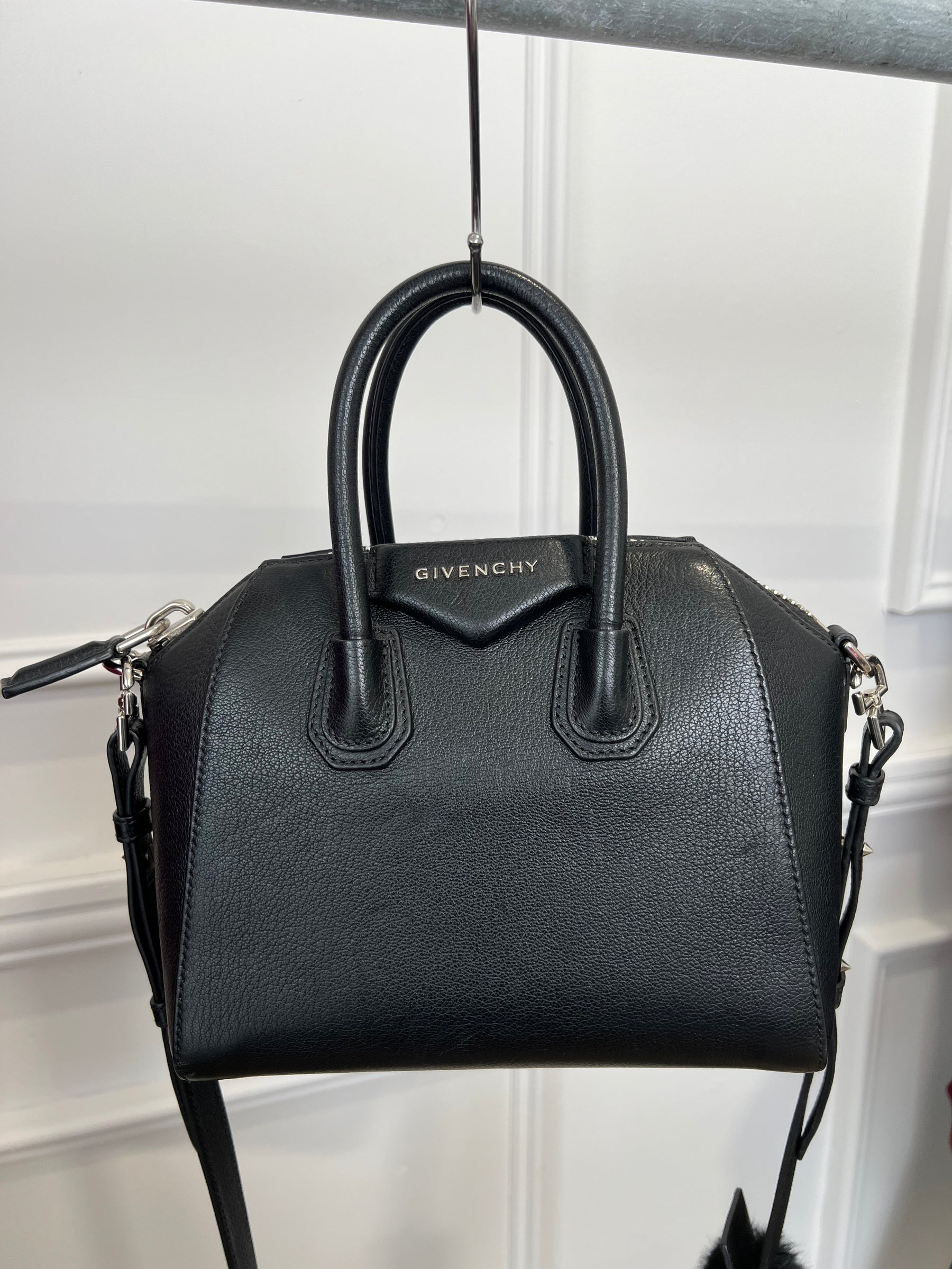 Givenchy Black Leather Mini Antigona with Faux Fur Logo Strap