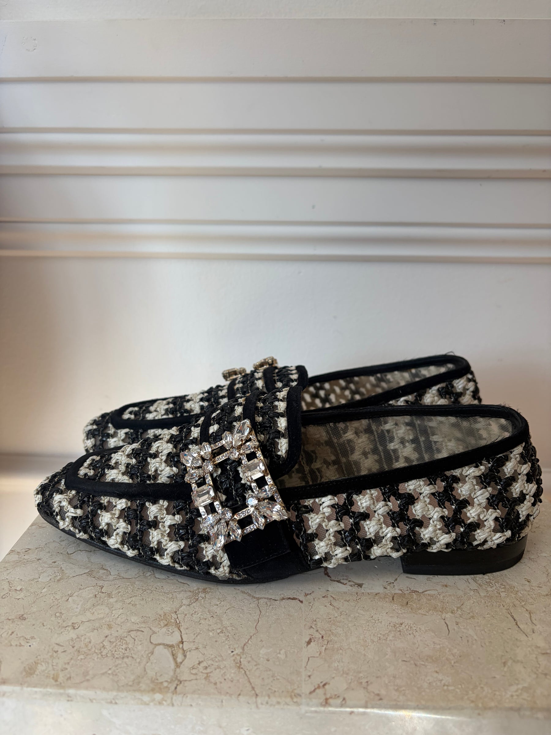 Roger Vivier Cream and Black Crochet Crystal Buckle Loafer, 37