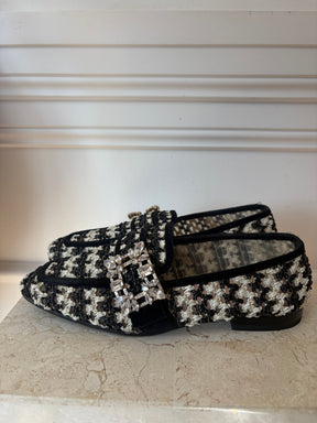 Roger Vivier Cream and Black Crochet Crystal Buckle Loafer, 37
