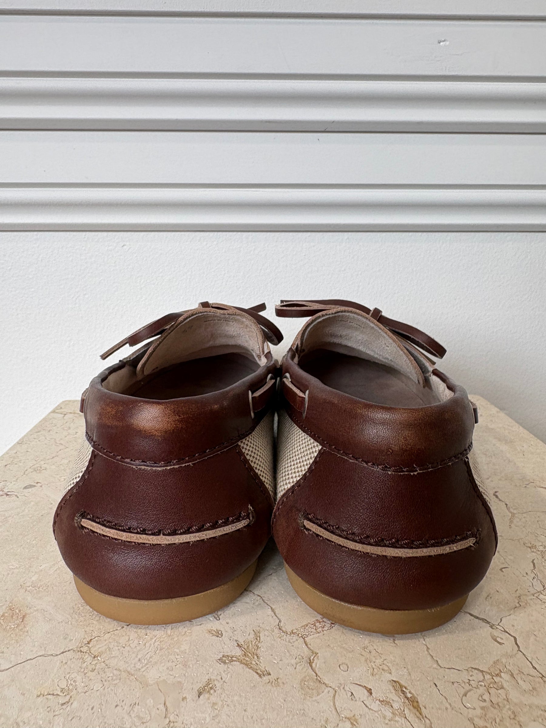 Miu Miu Brown Leather and Cream Canvas Deck Mules, 39