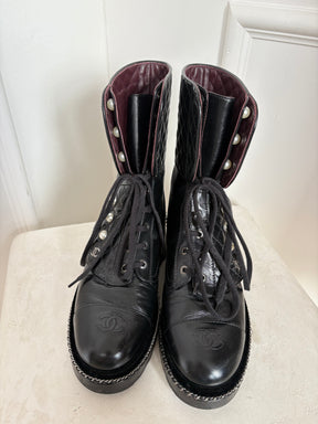 Chanel Black Quilted Leather Pearl Detail Ankle Boots, 40.5