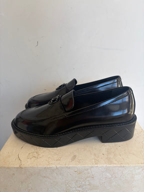 Chanel Black Brushed Leather Heart Logo Loafer, 38.5